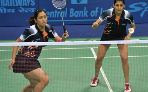 XIX Commonwealth Games-2010 Delhi: (Womens Double Badminton Final) Gutta Jwala/Machimanda Ashwini Ponnappa of India in an action against Yao Lei/Sari Shinta Mulia of Singapore at Siri fort Sports Complex, in New Delhi on October 14, 2010. India beat Singapore by 21-16, 21- 19.